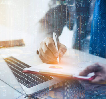 business approved stamp, permit document and certificate concept, double exposure with city at night