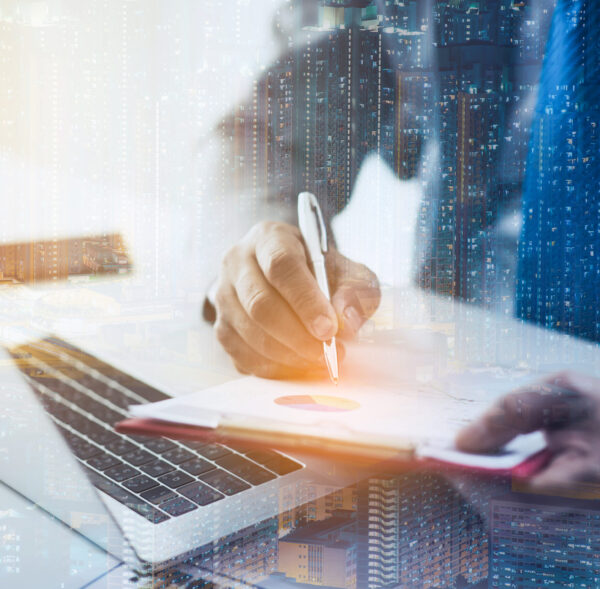 business approved stamp, permit document and certificate concept, double exposure with city at night