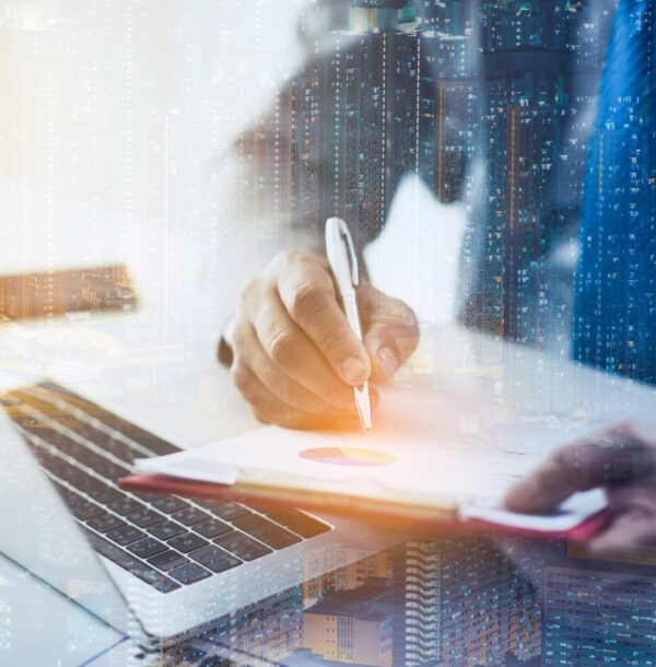 business approved stamp, permit document and certificate concept, double exposure with city at night