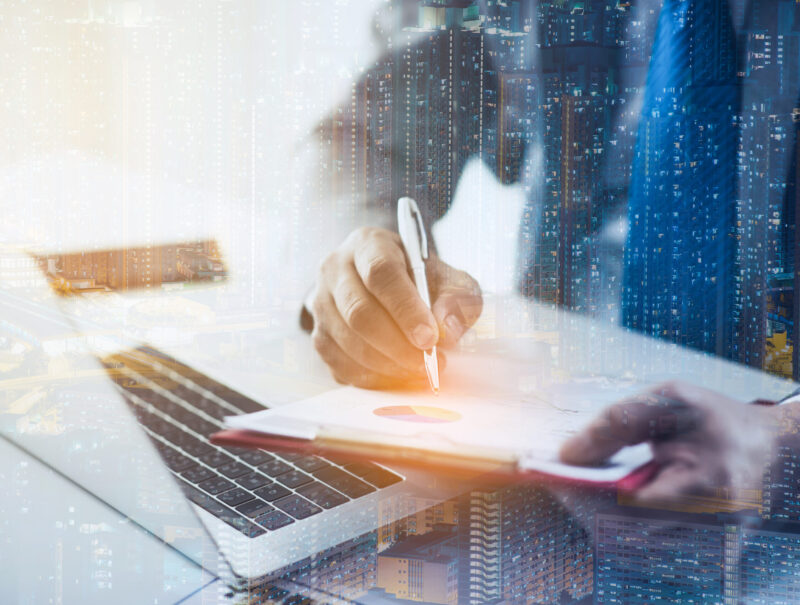 business approved stamp, permit document and certificate concept, double exposure with city at night